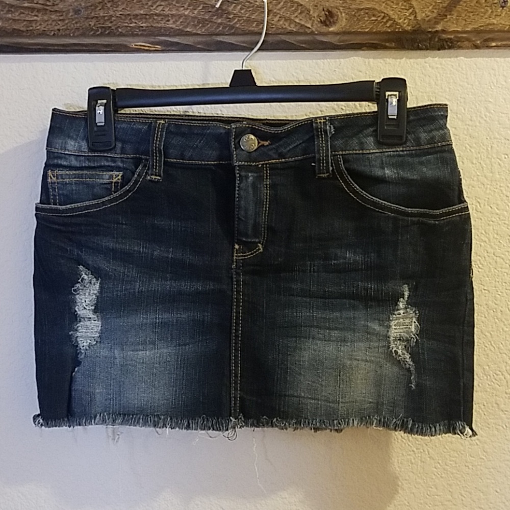 Distressed denim skirt